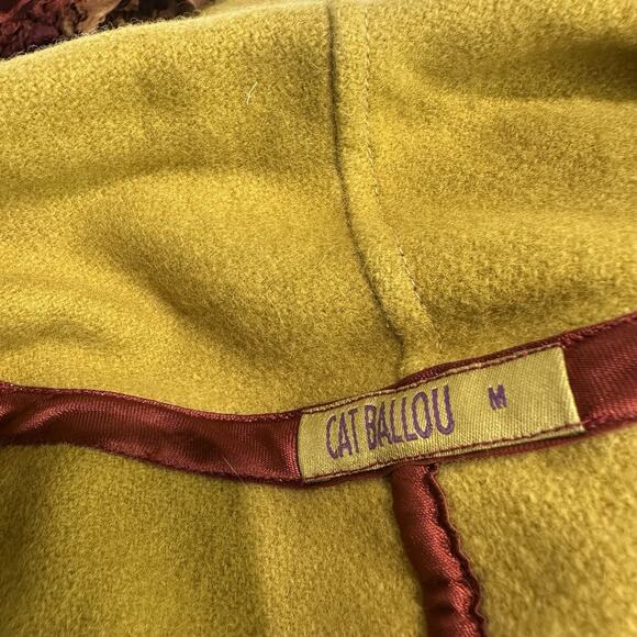 Cat Ballou Mustard Wool Fringe Jacket M Boho Leaf Trim Fall Statement Coat - Picture 9 of 15